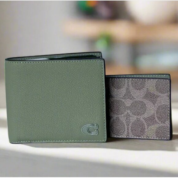 Coach Wallet 3 In 1 Mens Large Moss Leather Billfold ID Double Billfold CJ880 - Picture 1 of 10